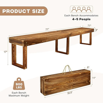 71" Outdoor Solid Wood Folding Bench,Portable Garden Long Narrow Foldable Bench,6Ft Indoor Outdoor Backless Wooden Noodle Benches for Picnic Party Camping Dining Seat,Bears 900 pounds Natural