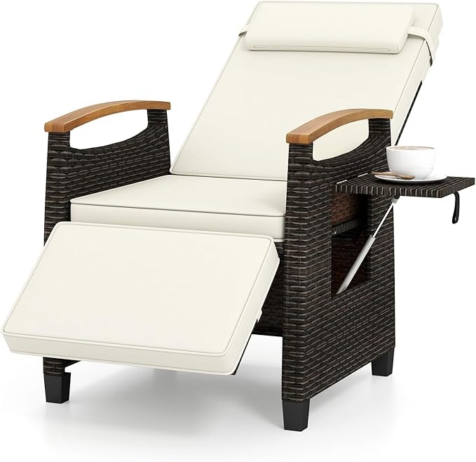 LDAILY Moccha Wicker Outdoor Recliner Chair - Rattan Lounge Chair with Adjustable Backrest & Footrest, Flip Side Table - Photo 9