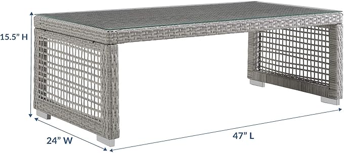 Modway Aura Wicker Rattan Outdoor Patio Tempered Glass Coffee Table in Gray