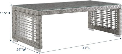Modway Aura Wicker Rattan Outdoor Patio Tempered Glass Coffee Table in Gray