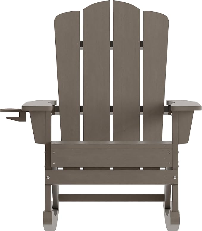 Taylor & Logan Nellis Adirondack Rocking Chair with Cup Holder, Weather Resistant HDPE Adirondack Rocking Chair in Brown