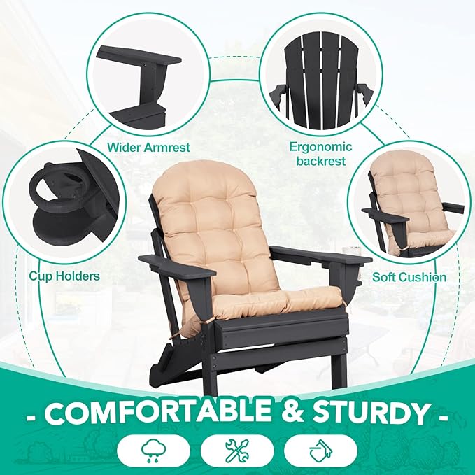 Adirondack Chairs Set of 2 with Cushions & Cup Holders, HDPE Weather Resistant Folding Adirondack Chair for Adults - Photo 4