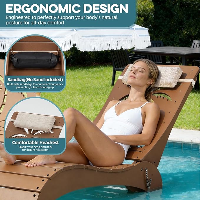 in Pool Lounge Chairs Set of 2, HDPE Pool Chaise Loungers for Sun Shelf up to 9 Inches, Fade-Resistant, 3-Position Adjustable Backrest with Headrest, Ergonomic Poolside Lounger, Teak