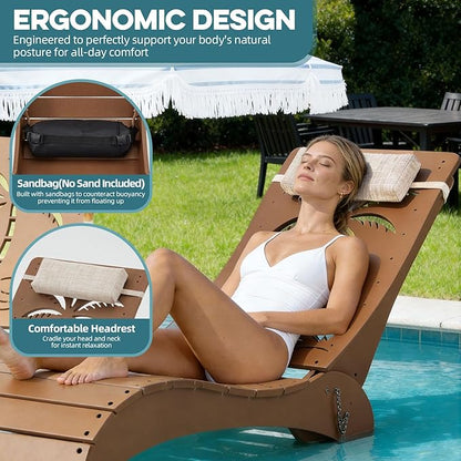 in Pool Lounge Chairs Set of 4, HDPE Pool Chaise Loungers for Sun Shelf up to 9 Inches, Fade-Resistant, 3-Position Adjustable Backrest with Headrest, Ergonomic Poolside Lounger, Teak