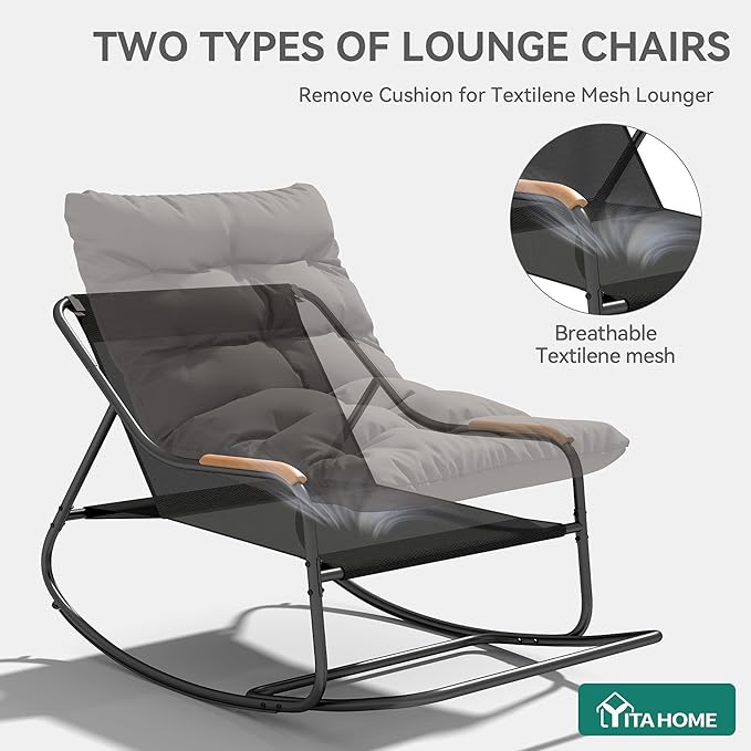 YITAHOME Patio Oversized Rocking Chair, Versatile Indoor/Outdoor Textilene Lounge with Soft Thick Cushion, Teak Armrests and Footrest, Ideal for Living Room, Porch, or Backyard