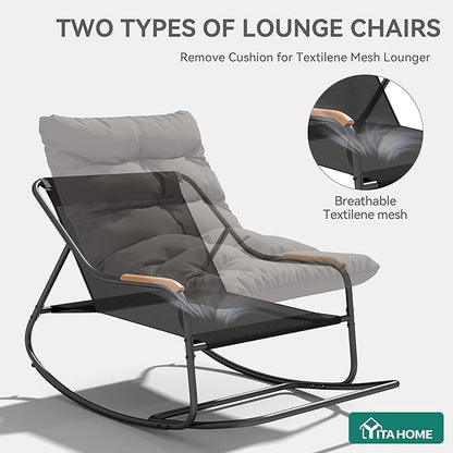 YITAHOME Patio Oversized Rocking Chair, Versatile Indoor/Outdoor Textilene Lounge with Soft Thick Cushion, Teak Armrests and Footrest, Ideal for Living Room, Porch, or Backyard