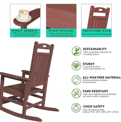 PLUUV Outdoor Rocking Chair, HDPE Patio Rocking Chairs with Footboard, All Weather Porch Rockers Outdoor for Adult, Effortless Installation, Coffee