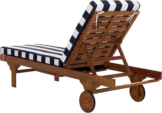 SAFAVIEH Outdoor Patio Furniture Collection - Newport Natural Solid Wood Chaise Lounge Chair with Navy Stripe Cushion, Adjustable Backrest (PAT7316F)