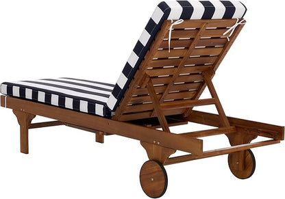 SAFAVIEH Outdoor Patio Furniture Collection - Newport Natural Solid Wood Chaise Lounge Chair with Navy Stripe Cushion, Adjustable Backrest (PAT7316F)