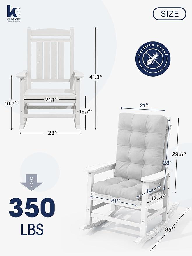 KINGYES Oversized Outdoor Rocking Chair with Cushion, All-Weather Patio Rocking Chairs, HDPE Porch Rocker for Adults, 350 lbs Capacity, White Chair with Grey Cushion