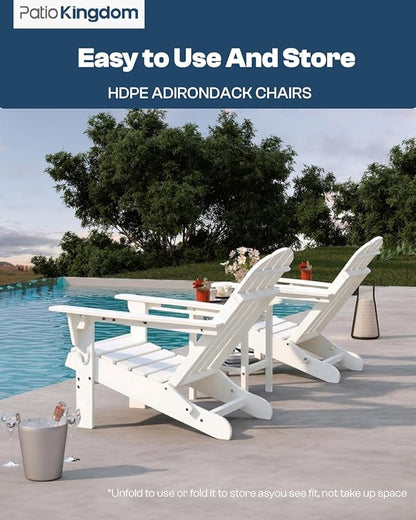 White 6-Piece Folding Adirondack Chair Set with Cup Holders, Ottomans, Side Table & Beige 9FT Patio Umbrella with Base, HDPE Outdoor Chairs
