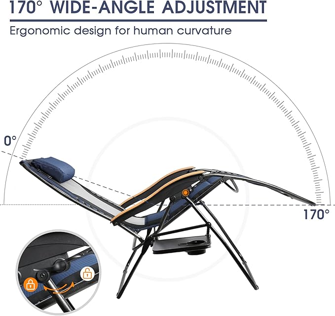 Portal Portable Zero Gravity Chair, Lounge Chair Outdoor Oversized Zero Gravity Chair Folding Lounge Chair with Adjustable Pillows and Cup Holder for Poolside Backyard and Lawn, Support 350lbs