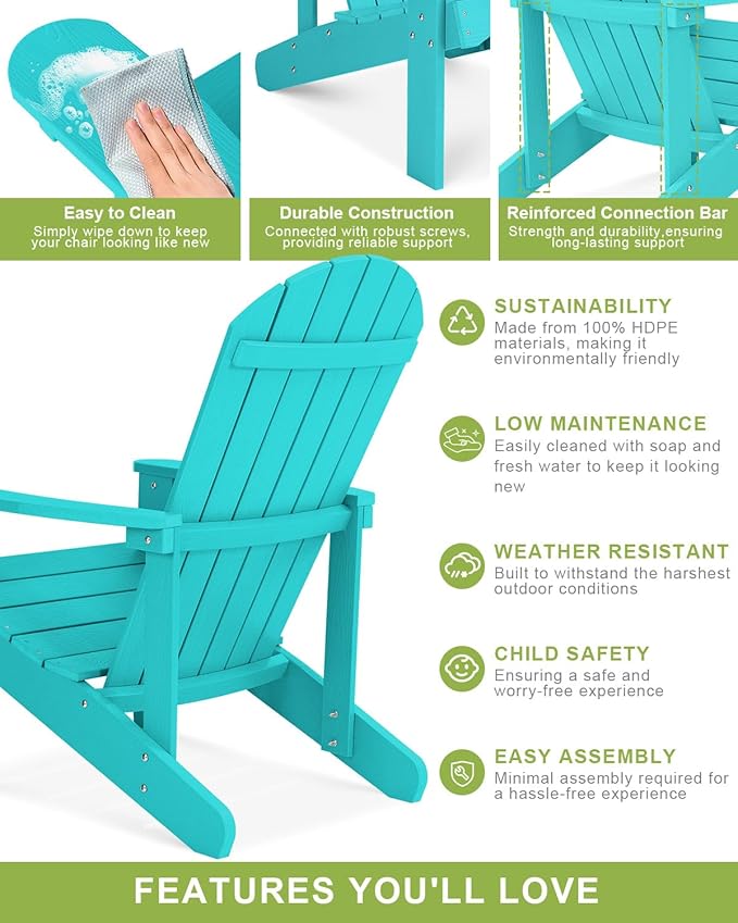 Y&M Adirondack Chair Set of 4, Aruba Blue Fire Pit Chairs, Outdoor Patio Chairs with Cup Holder, Weather Resistant HDPE Wooden Textured Patio Chairs, Perfect for Garden, Lawn, Deck, or Poolside