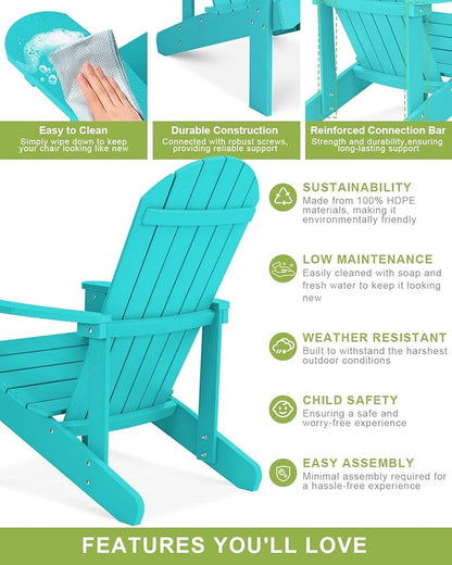 Y&M Adirondack Chair, Aruba Blue Fire Pit Chairs, Outdoor Patio Chairs with Cup Holder, Weather Resistant HDPE Wooden Textured Patio Chairs, Perfect for Garden, Lawn, Deck, or Poolside