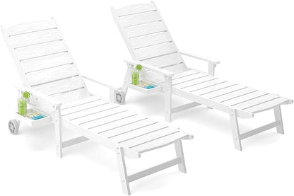 Pool Lounge Chairs Set of 2, 6.3ft Full-Length Patio Pool Lounge Chairs,5-Position Adjustable Backrest (Flat Recline), Flip-Down Side Tray,HIPS All-Weather for Poolside, Deck,Backyard, Beach
