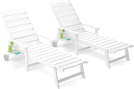 Pool Lounge Chairs Set of 2, 6.3ft Full-Length Patio Pool Lounge Chairs,5-Position Adjustable Backrest (Flat Recline), Flip-Down Side Tray,HIPS All-Weather for Poolside, Deck,Backyard, Beach