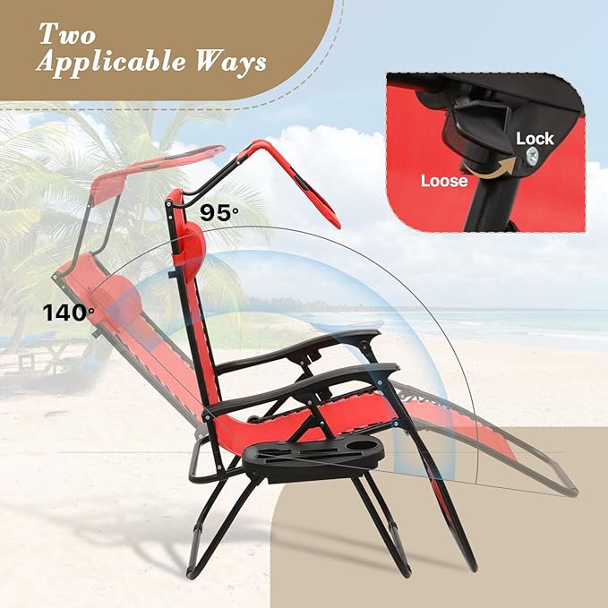 Athena Collection Patio Chairs Set of 2 Reclining Lounge Chair with Cup Holder and Pillow Fabric Camping Chairs with Canopy Foldable Beach Chairs for Garden, Park, Deck, Yard, Poolside, Red