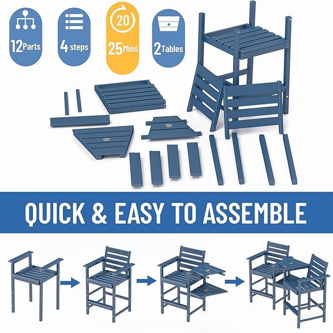 Tall Adirondack Chair Set of 2 ,HDPE Adirondack Bar Stools with Removable Connecting Trays ,Weather Resistant Balcony Chair,Outdoor Adirondack Bar Chairs for Patio,Pool,Garden, Backyard Navy Blue