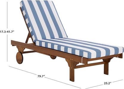 SAFAVIEH Outdoor Patio Furniture Collection - Newport Natural Solid Wood Chaise Lounge Chair with Baby Blue Stripe Cushion, Adjustable Backrest (PAT7316U)