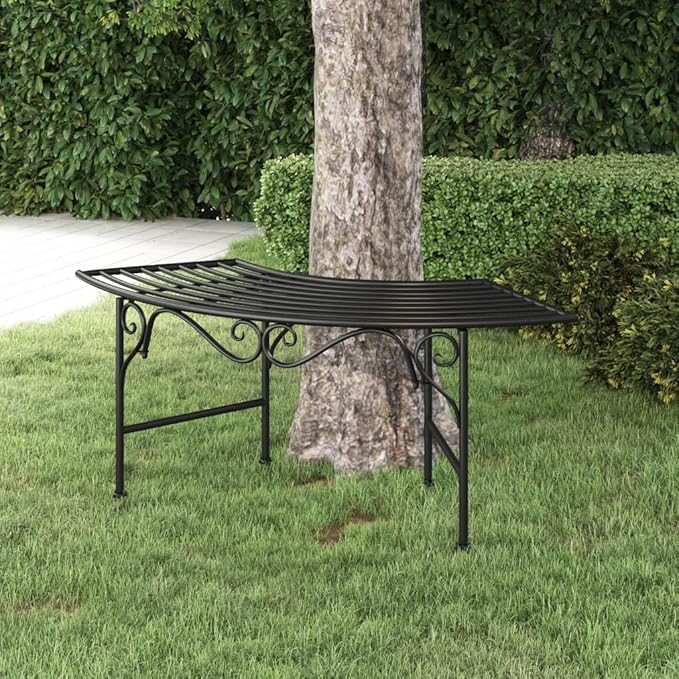Tree Bench 44.5 Inch Black Steel Outdoor Garden Seat with Backrest, Sturdy Patio Furniture for Shade Under Trees, Rust-Resistant Metal Bench for Yard Decor