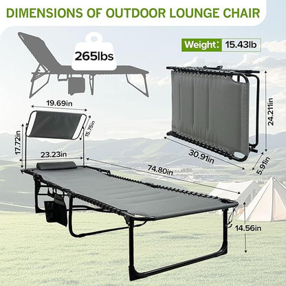 Outdoor Folding Lounge Chair with Removable Canopy & Pillow, Padded Reclining Chaise Lounge Chair 5-Position Heavy Duty Beach Chair for Patio, Beach, Pool, Camping