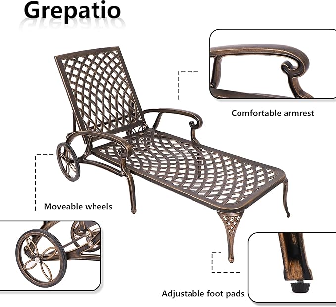 Grepatio Lounge Chairs for Outdoor, Patio Lounge Chaise Cast Aluminum Chairs with Cushion - Photo 5