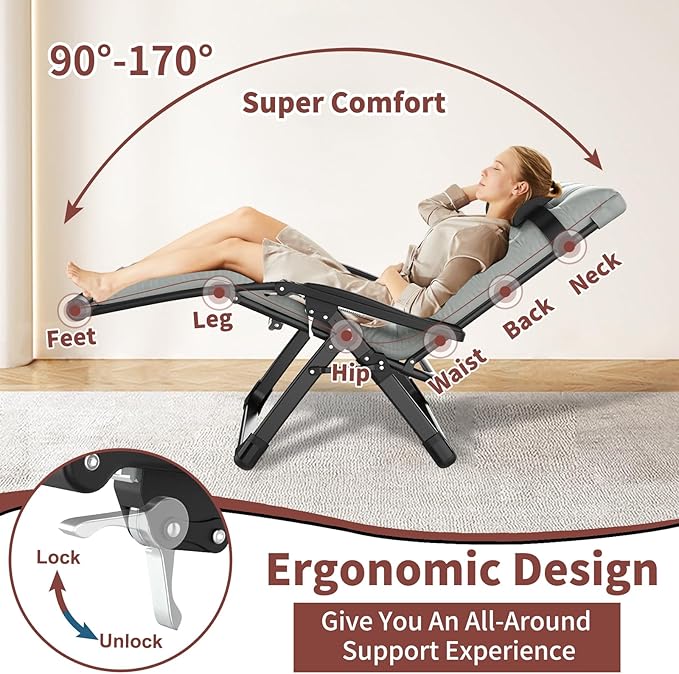 Oversized Zero Gravity Chair with Cushion XXL, 33In Padded Lounge Chair, Recliner Camping Chair W/Full-Alu Alloy Lock - Photo 5