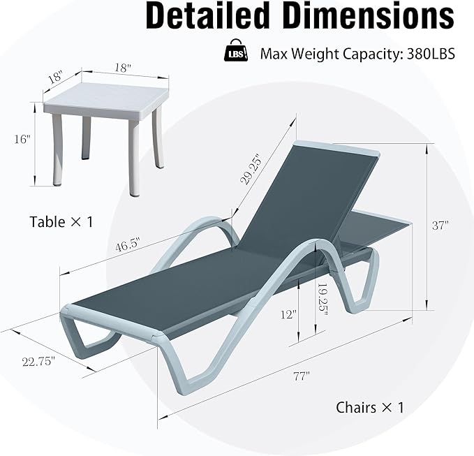Domi Outdoor Lounge Chair, Aluminum Patio Chaise Lounge with 5 Position Adjustable Backrest and Wheels, All Weather Reclining Chair with Armrest and Side Table for Patio, Yard,Balcony,Poolside (Grey)