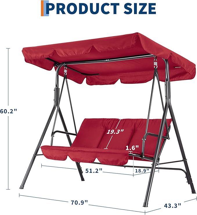 3-Seat Outdoor Porch Swing Chair with Adjustable Canopy & Thickened Cushions - Photo 2