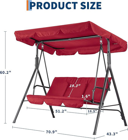 3-Seat Outdoor Porch Swing Chair with Adjustable Canopy & Thickened Cushions, Glider Bench with Non-Slip Feet & Strong Spring Hooks/UV Resistant/Waterproof/500 Lbs Capacity for Patio, Garden, Backyard