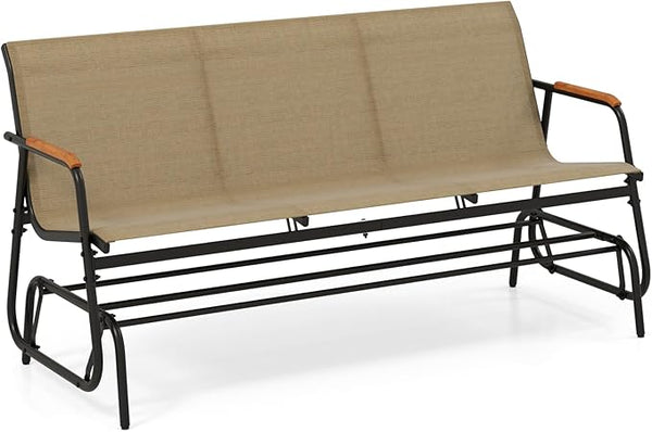 Giantex Patio Glider, 3-Person Swing Gliding Loveseat with Curved Teak Armrests, Fabric Seat, Metal Frame, Load 990lbs - Photo 1