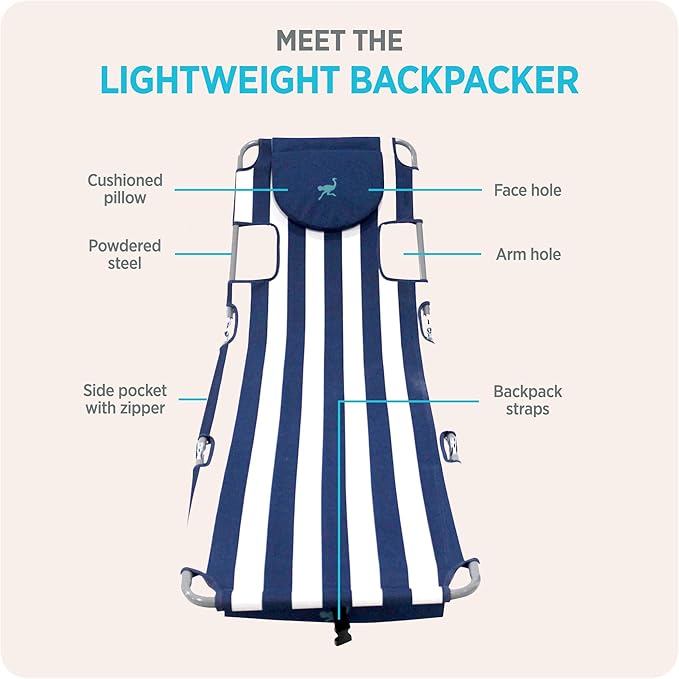 Ostrich the Backpack Chaise Lounge, Folding & Reclining Outdoor Beach Chaise Lounger Chair for Lawn, Pool, Patio, Garden, and Yard, Blue Stripe