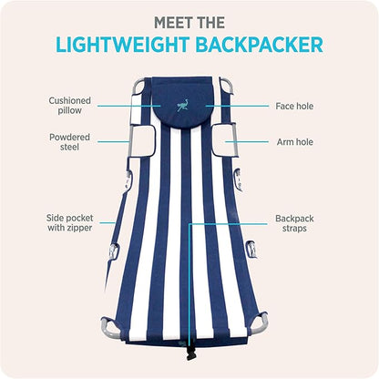 Ostrich the Backpack Chaise Lounge, Folding & Reclining Outdoor Beach Chaise Lounger Chair for Lawn, Pool, Patio, Garden, and Yard, Blue Stripe