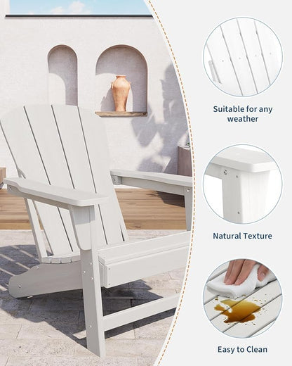 Modern Oversized HDPE Adirondack Chair, 380 LBS Capacity Weather Resistant Fire Pit Chair with Wood-Like Texture, Outdoor Patio Chair for Garden, Backyard, Lawn, Deck, Poolside, Porch, White