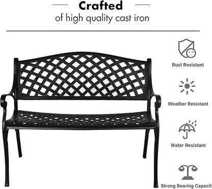 GIODIR Outdoor Patio Garden Bench All-Weather Cast Aluminum Loveseats Park Yard Furniture Porch Chair Work Entryway Decor w/Checkered Design (Black)