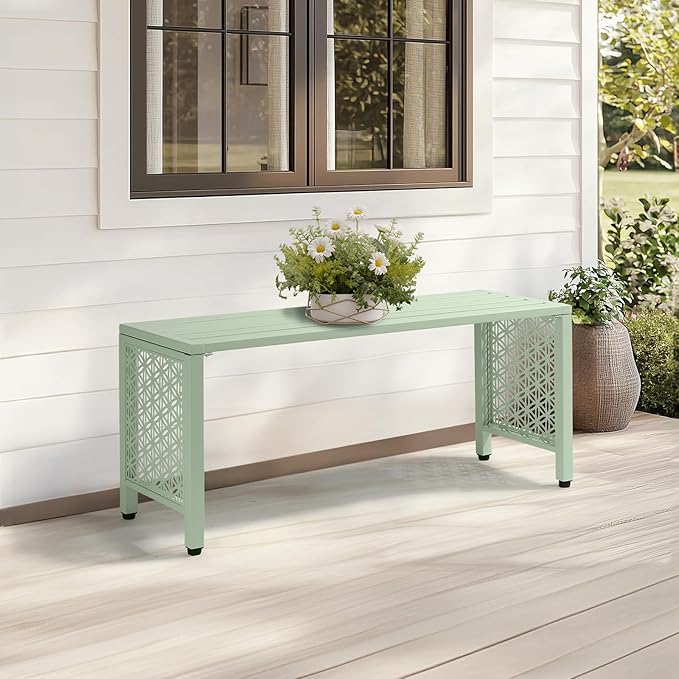 VINGLI 40in Outdoor Metal Bench, All-Weathe Backless Patio Bench with Slatted Seat＆Floral Side Panels - Photo 7
