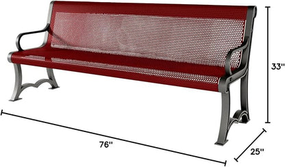 COATEDOUTDOORFURNITURE Heavy-Duty Outdoor Bench Thermoplastic Coated, Punched Steel, Commercial-Grade Garden Bench, Made in America (Portable with Back, 6 Ft, Textured Burgundy)