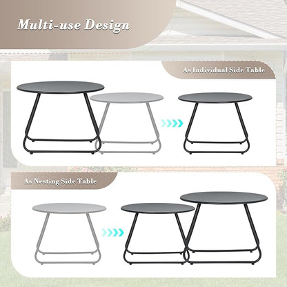 Athena Collection Small Round Outdoor Side Table Set of 2, Waterproof Metal Nested Outdoor Patio End Table Weather Resistant for Indoor, Outside, Bistro, Balcony, Garden, Black