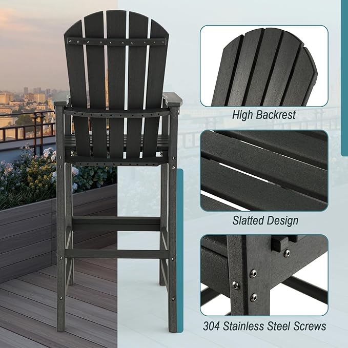 ORALNER Tall Adirondack Chairs, Outdoor High Back Balcony Chair, Weather Resistant HDPE Resin Plastic Bar Height Stools, 360 LBS Lifeguard Chair for Pool Patio Deck Backyard (1, Black)