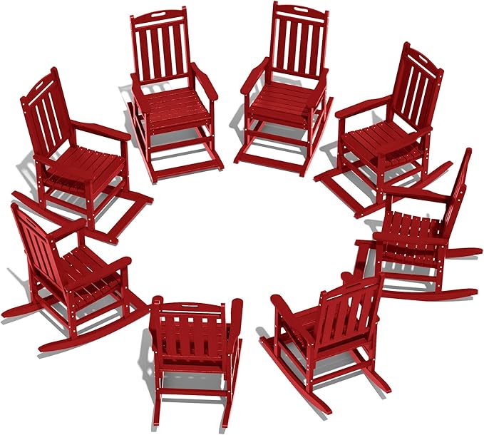 LOUNZY Outdoor Rocking Chair with Footboards Set of 8, HDPE Rocking Chair Patio Porch Rocker with 380lbs Support for Adult, Dark Red