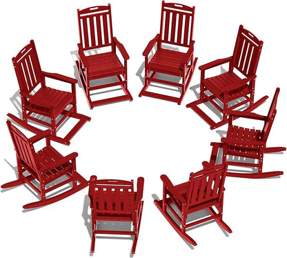 LOUNZY Outdoor Rocking Chair with Footboards Set of 8, HDPE Rocking Chair Patio Porch Rocker with 380lbs Support for Adult, Dark Red