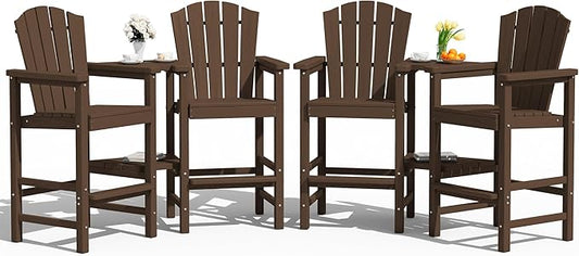 KINGYES Tall Adirondack Chair Set of 4, HDPE Tall Adirondack Barstools with Double Connecting Trays, Embossed Bar Height Adirondack Chair for 2, Weather Resistant Balcony Adirondack Chairs, Coffee
