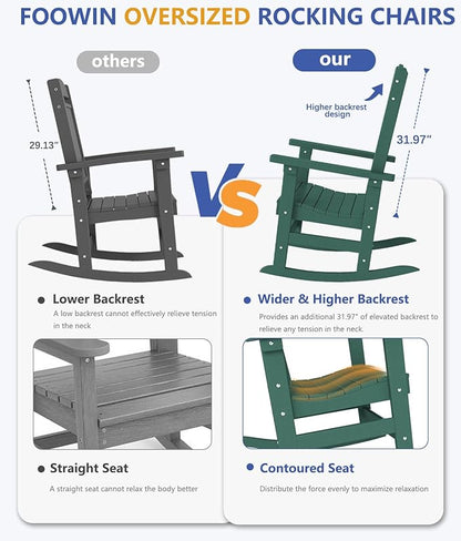 FOOWIN Outdoor Rocking Chair Set of 2, High Back Patio Rocking Chair, HDPE All Weather Resistant Porch Rocker for Adult, Oversized Rocking Chairs for Garden, Lawn, Indoor & Outdoor Use, Dark Green