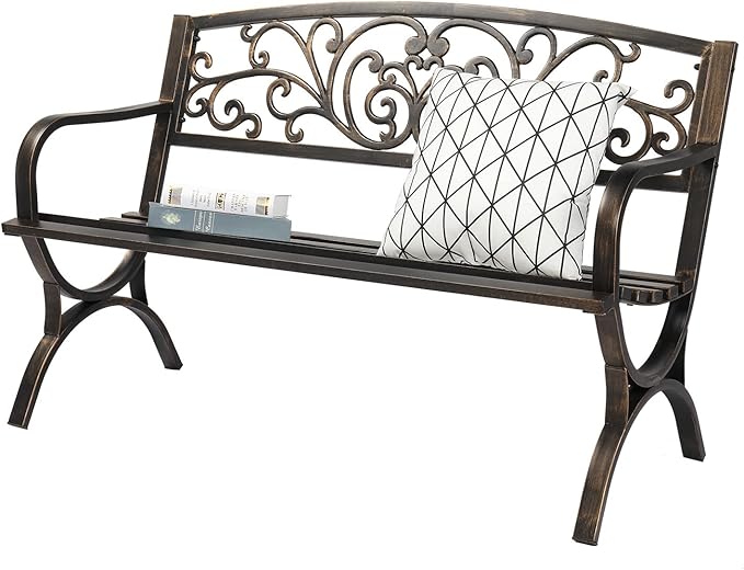 Outdoor Garden Bench, Cast Iron Metal Frame Patio Park Bench with Floral Pattern Backrest, Arch Legs for Porch, Lawn