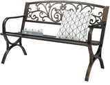 Outdoor Garden Bench, Cast Iron Metal Frame Patio Park Bench with Floral Pattern Backrest, Arch Legs for Porch, Lawn - Photo 4