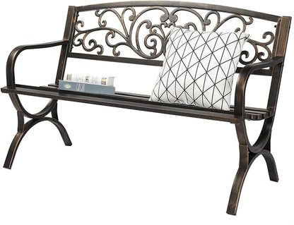Outdoor Garden Bench, Cast Iron Metal Frame Patio Park Bench with Floral Pattern Backrest, Arch Legs for Porch, Lawn