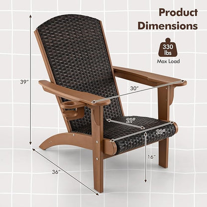 Tangkula Patio Wicker Adirondack Chair, HDPE Lounge Chair w/Rattan Padded Seat & Back, Wide Armrests & Hidden Cupholder, Outdoor All-Weather Adirondack Fire Pit Chair for Backyard, Lawn (1, Coffee)