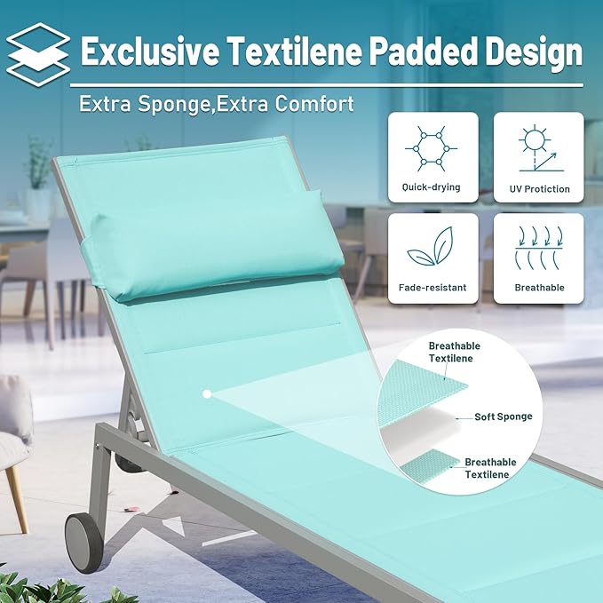 Domi Patio Chaise Lounge Set of 3, Outdoor Lounge Chair, Aluminum Textilene Padded 5 Position Pool Lounger, Stackable Lounge Chair w/Headrest, Wheels, Side Table, for Beach Backyard Lawn, Turquoise