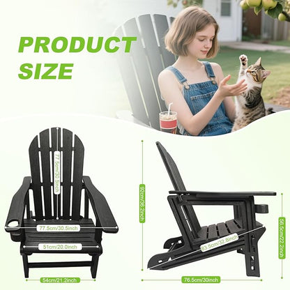 Adirondack Chair, HDPE Plastic Adirondack Chairs for All Weather，Fire Pit Chair, Patio Chairs with 1 Cup Holder, Outdoor Lawn Chairs for Poolside,Backyard, Deck,Patio Garden, Black
