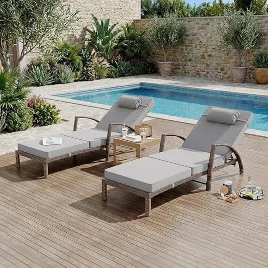 Outdoor Chaise Lounge Set of 2, 5-Position Adjustable PE Wicker Reclining Chairs with Wheels & 3.5" Cushions, 400 lbs Capacity All-Weather Patio Furniture for Poolside, Garden, Beach(Gray)
